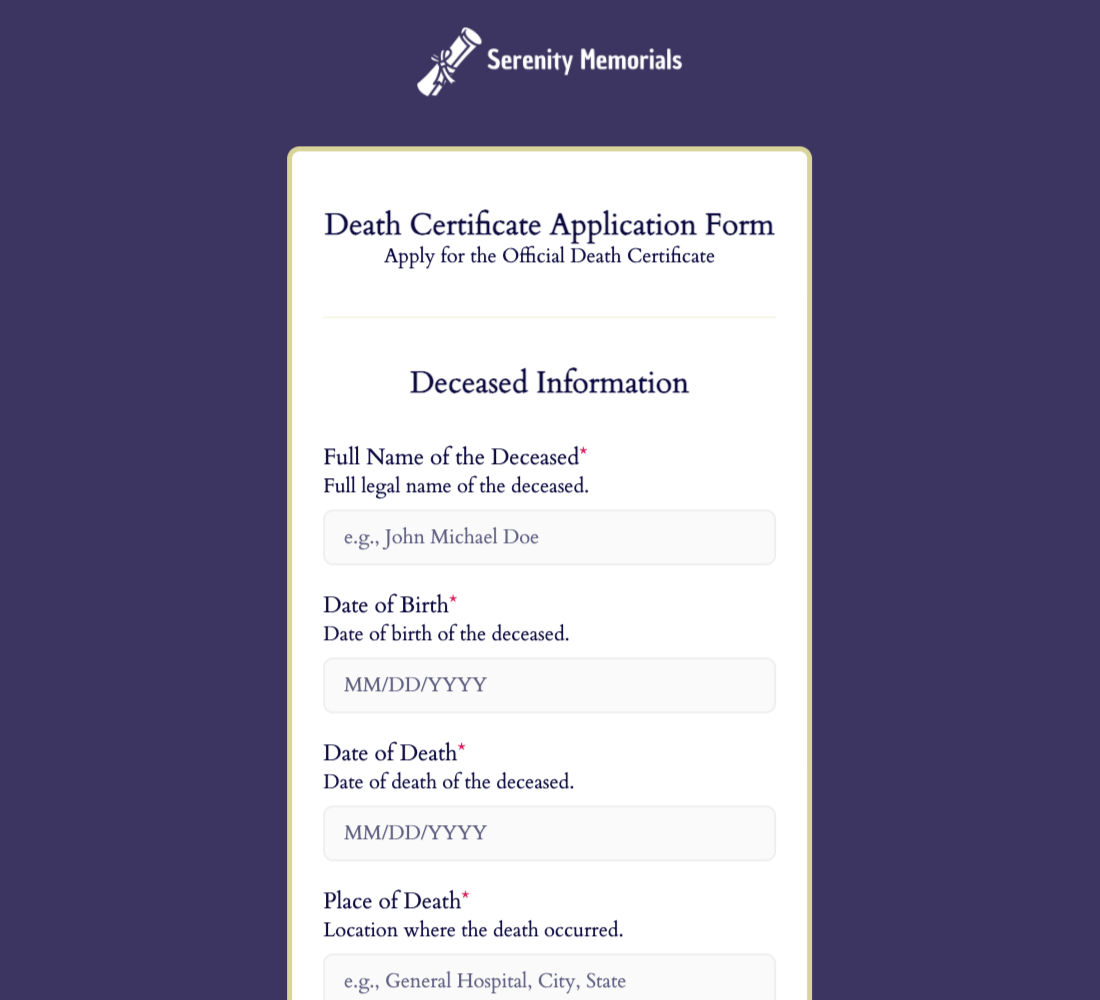 Death Certificate Application Form