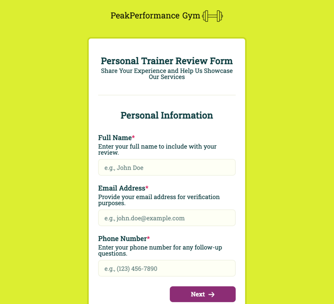 Personal Trainer Review Form