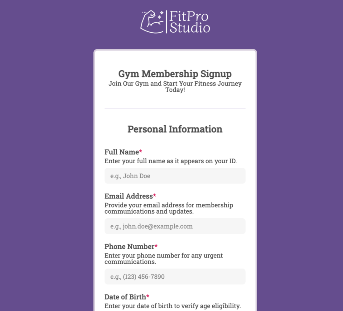 Gym Membership Signup Form